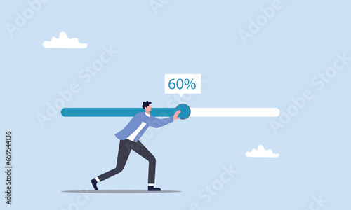 Working project progress, effort to finish work or achieve business success, accomplishment, ambition or career challenge, businessman try hard to push working progress bar to finish in deadline.
