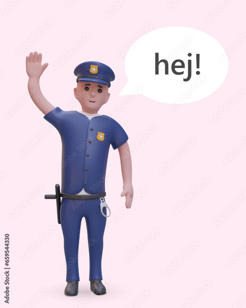 3D police officer waving and greeting. Dialogue cloud with text. Male character in blue policeman uniform is gesturing to attract attention. Illustration in cartoon style