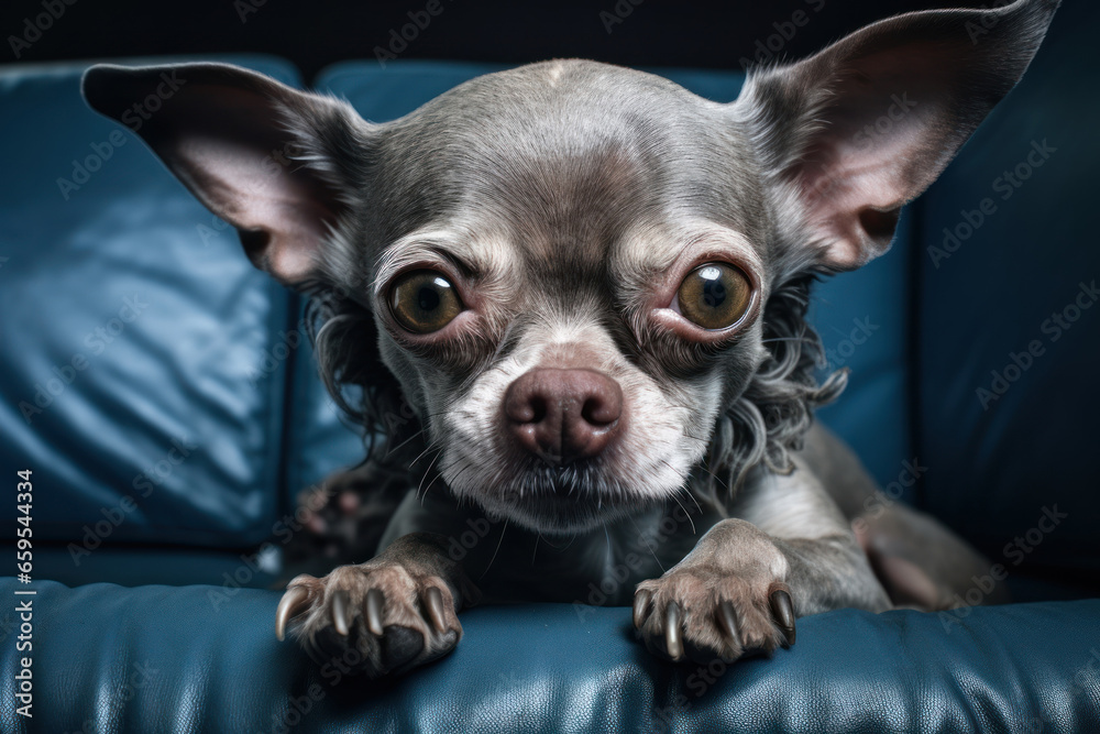 Cute chihuahua dog laying on living room's sofa and looking at camera. Cute chihuahua dog laying on living room's sofa and looking at camera.