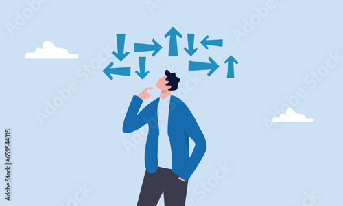 Decision making, decide the right way or choosing options, best alternative or solution to success, business direction or thinking concept, contemplation businessman making decision where to go next.