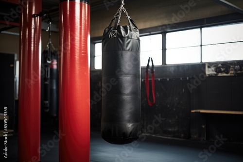 punching bag hanging in the corner of a gym photo
