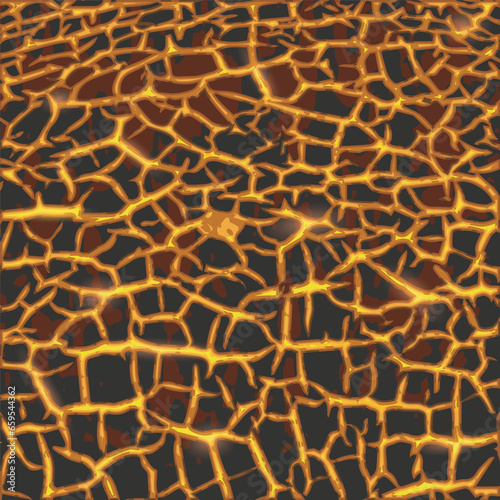 Red orange cracked earth with liquid molten burning lava. Grunge magma cracks texture. Vector background