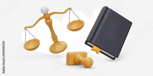 3D scales, seal, legal collection. Legal concept in cartoon style. Unmarked black book cover, mockup. Normative legal acts. Certification of documents