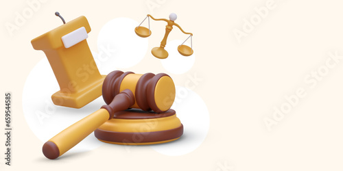 3D judge gavel, tribune with microphone, scales. Speech in court. Law and justice set. Vector composition in cartoon style. Color template with space for advertising text