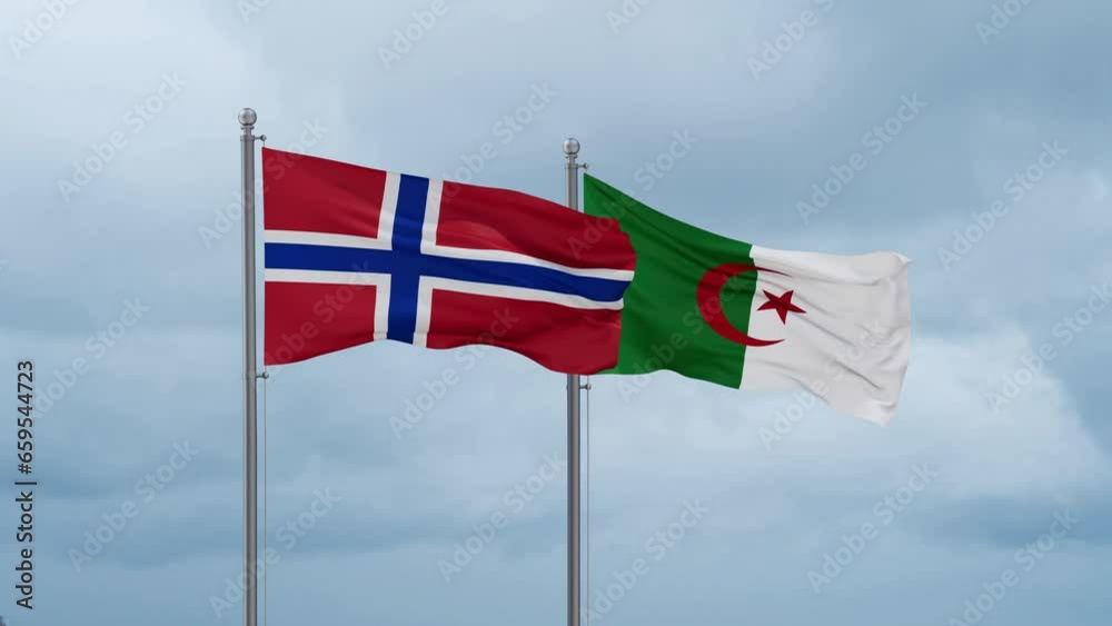 Norway flag and Algeria flag waving together on cloudy sky, endless seamless loop Norway flag and Algeria flag waving together on cloudy sky, endless seamless loop