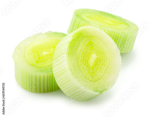 Fresh chopped leek isolated on white background.