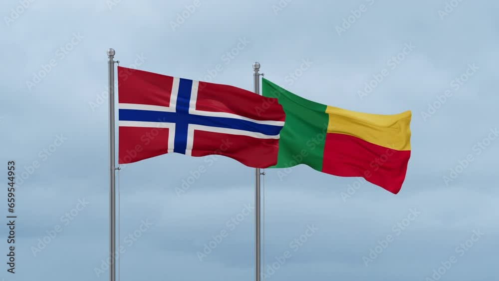 Norway flag and Benin flag waving together on cloudy sky, endless seamless loop Norway flag and Benin flag waving together on cloudy sky, endless seamless loop