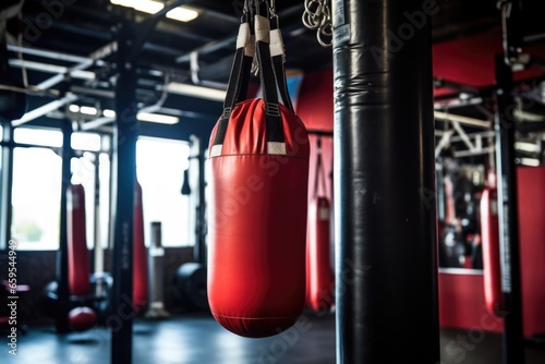 boxing gloves hanging from a punching bag photo