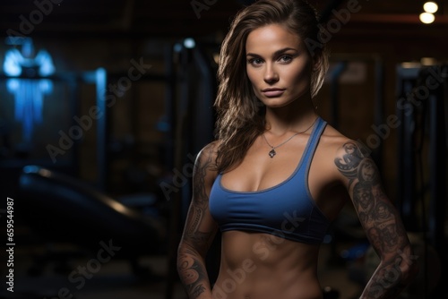 A beautiful athletic girl does strength and cardio exercises. Classes with a trainer in the gym, with chains, dumbbells and elastic bands, push-ups and parallel bars. Woman athlete, dramatic photo © Gizmo