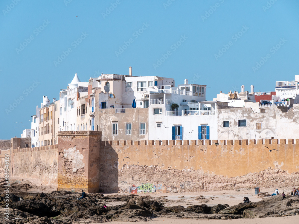 Traditional White Coastal Houses in Essaouira, Morocco on a Sunny Afternoon - Landscape shot