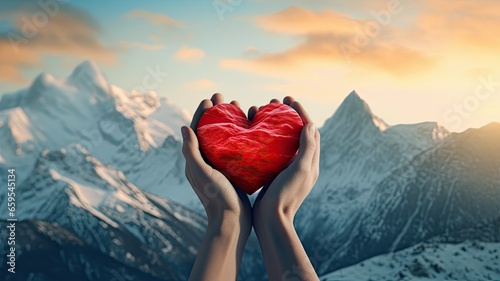a couple's hands clasping a red heart against the backdrop of majestic mountain peaks, emphasizing the strength and endurance of their love. photo
