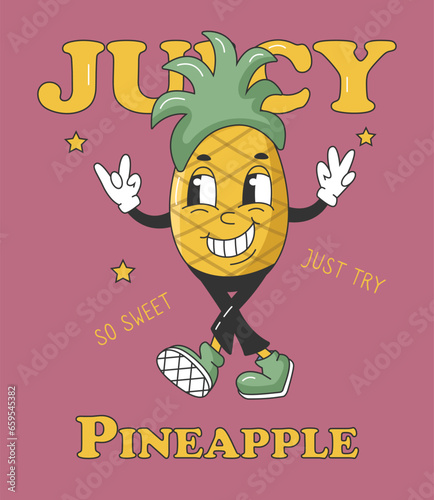 90s Fruit Funny Retro Groovy Cartoon Characters. Poster with Comic Character of Pineapple. Groovy Summer Vector Illustration. Sweet Juicy Fresh Fruit Banner.