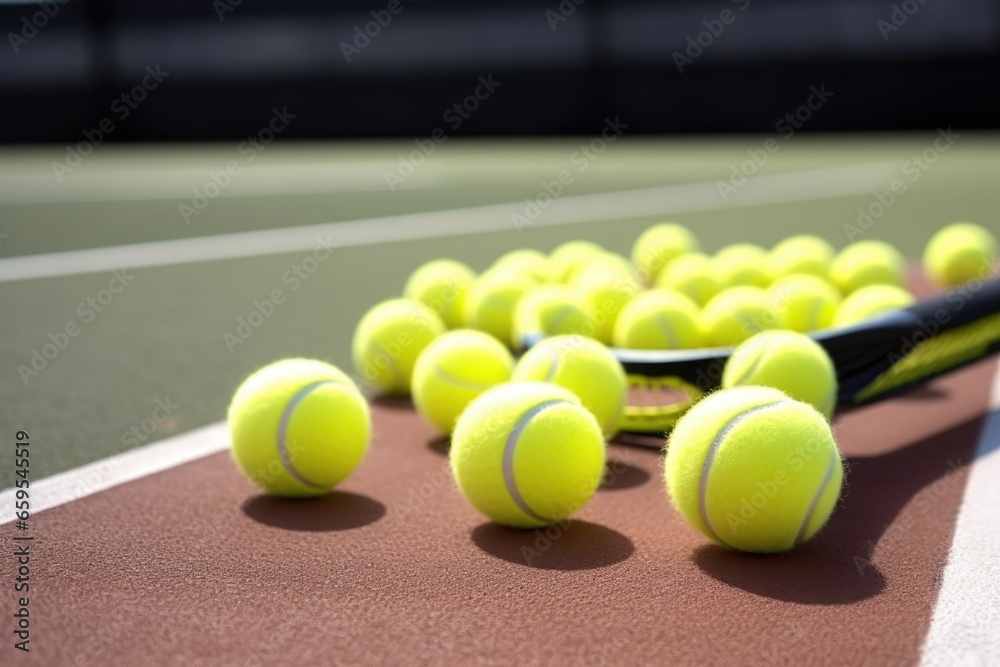 close-up of tennis balls and a racket on a court