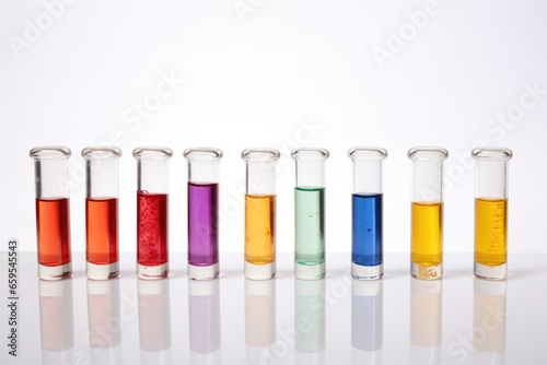 multiple vials with a colorful liquid setup diagonally across a white surface