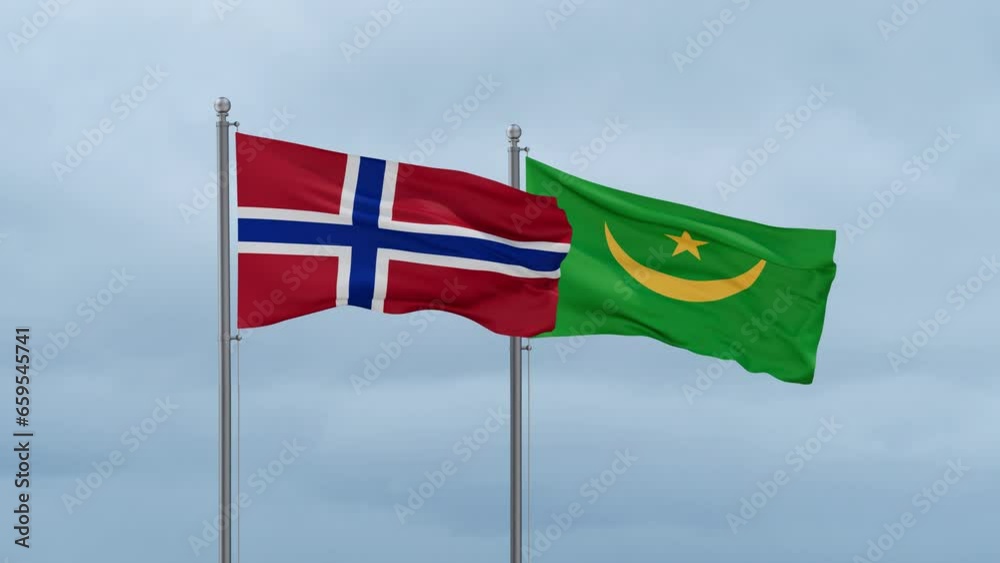 Mauritania flag and Norway flag waving together on cloudy sky, endless seamless loop, two country relations concept Mauritania flag and Norway flag waving together on cloudy sky, endless seamless loop, two country relations concept