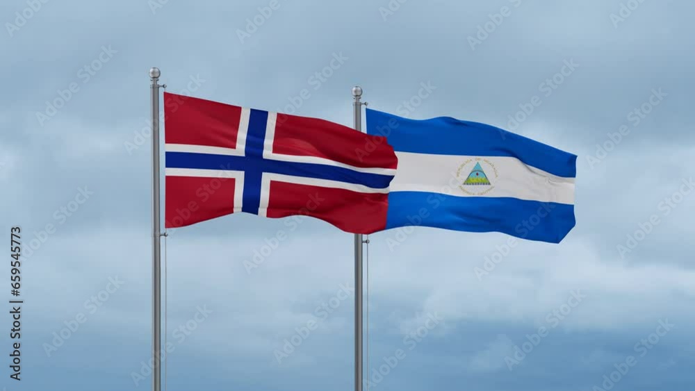Nicaragua flag and Norway flag waving together on cloudy sky, endless seamless loop, two country relations concept Nicaragua flag and Norway flag waving together on cloudy sky, endless seamless loop, two country relations concept