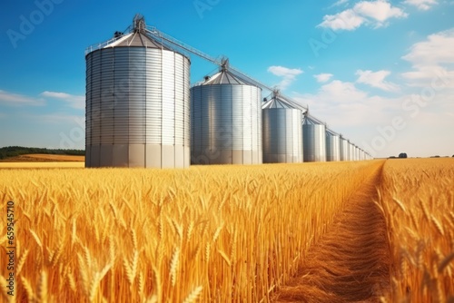 Photo of a granaries on a field of ripened wheat. Grain elevators between corn fields. Grain silo  countryside with wheat field foreground rural scene  agriculture concept.
