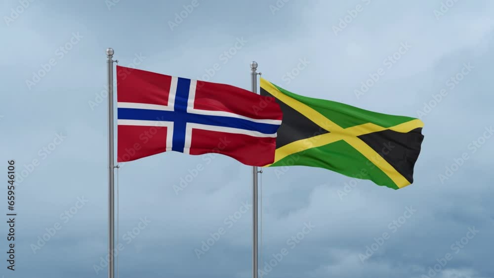 Jamaica and Norway flag waving together on cloudy sky, endless seamless loop, two country cooperation concept Jamaica and Norway flag waving together on cloudy sky, endless seamless loop, two country cooperation concept
