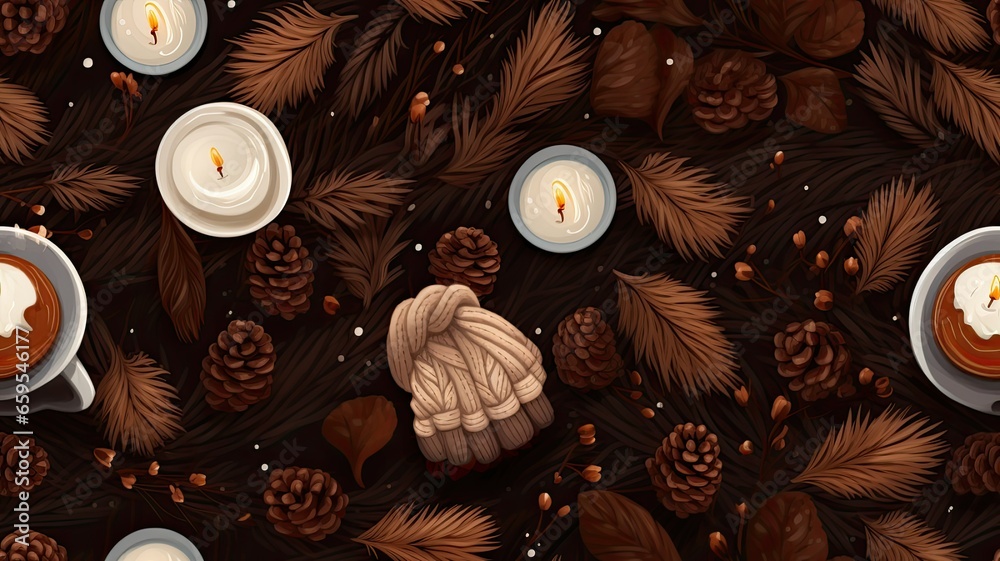 a knitted wool sweater with a cup of hot cocoa, a book, and some rustic decorations like pinecones and candles. SEAMLESS PATTERN. SEAMLESS WALLPAPER. a knitted wool sweater with a cup of hot cocoa, a book, and some rustic decorations like pinecones and candles. SEAMLESS PATTERN. SEAMLESS WALLPAPER.