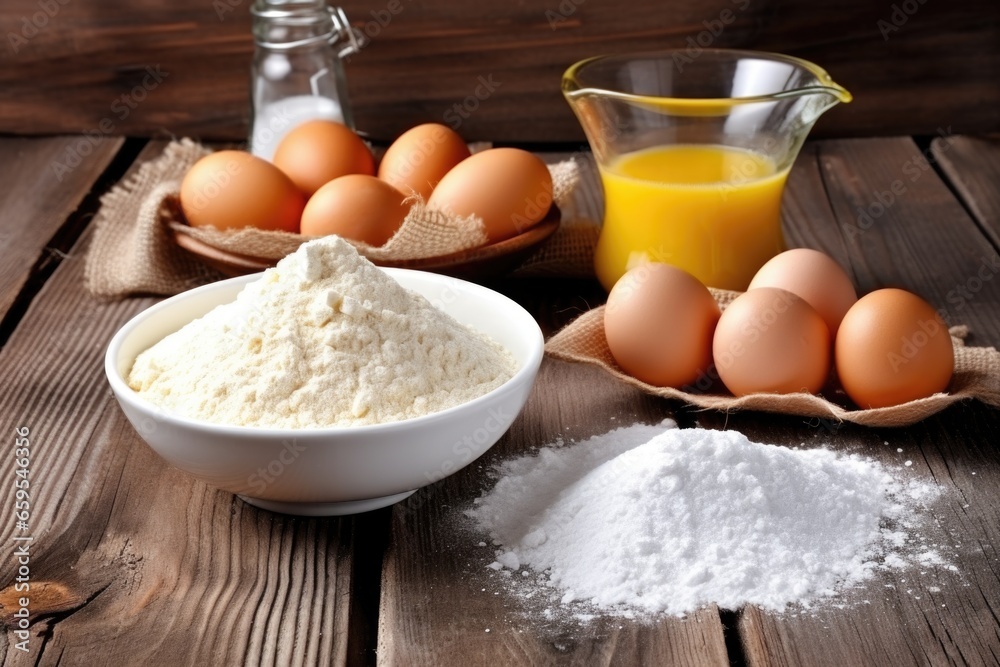 raw flour and eggs arranged for baking on a wooden table raw flour and eggs arranged for baking on a wooden table