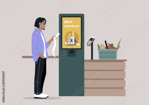 A perplexed character double-checking their paper receipt at a self-service checkout register in a manager-less supermarket store