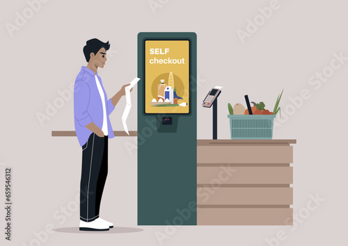 A perplexed character double-checking their paper receipt at a self-service checkout register in a manager-less supermarket store