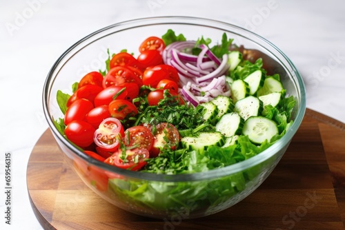 classic salad being prepped in a glass bowl