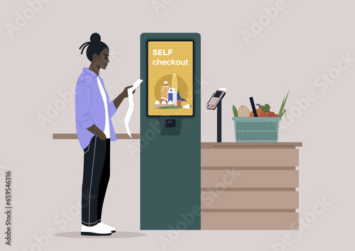 A perplexed character double-checking their paper receipt at a self-service checkout register in a manager-less supermarket store