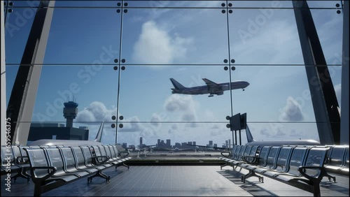 Empty Waiting Room In Airport Terminal. Airplane Takes Off Outside The Window, 3D Render
 photo