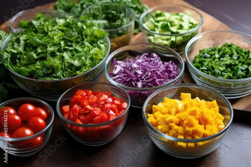 freshly chopped salad ingredients in glass bowls