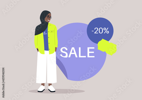 A template for a seasonal sale featuring a friendly young Muslim woman in a hijab standing next to a large sticker