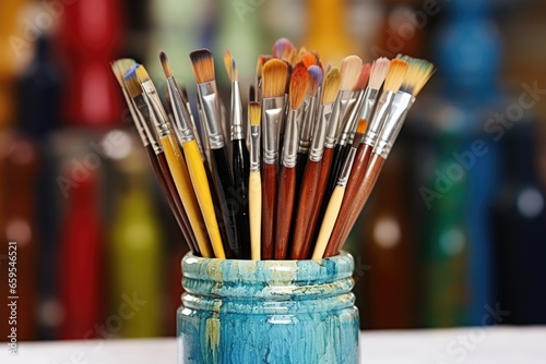 miniature painting brushes in a ceramic holder