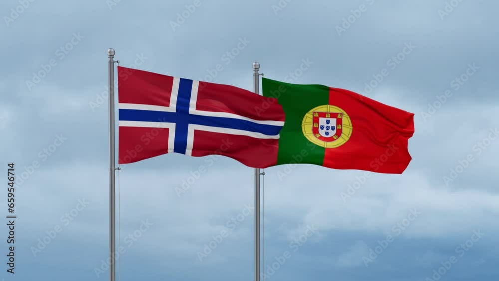 Portugal and Norway flag waving together on cloudy sky, endless seamless loop, two country cooperation concept Portugal and Norway flag waving together on cloudy sky, endless seamless loop, two country cooperation concept