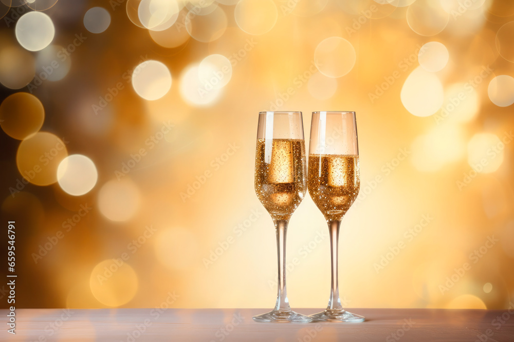 glasses of champagne on shiny and gold background