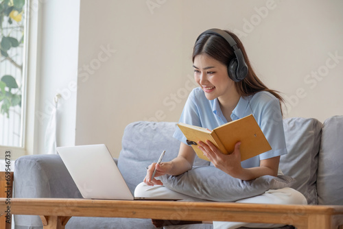 Asian girl student online learning class study online video call zoom teacher, Happy asian girl learn english language online with computer laptop...