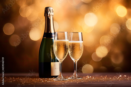 bottle and glasses of champagne on shiny and gold background. Copy space