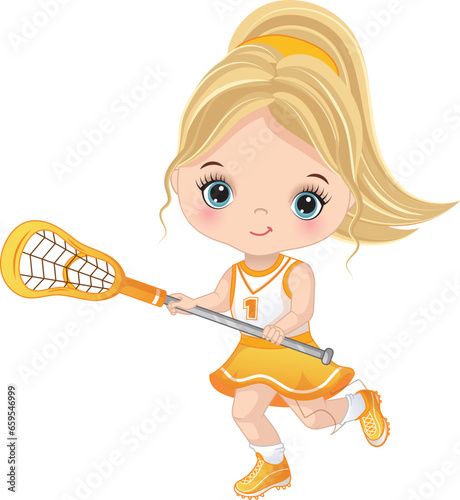 Vector Cute Little Girl Playing Lacrosse