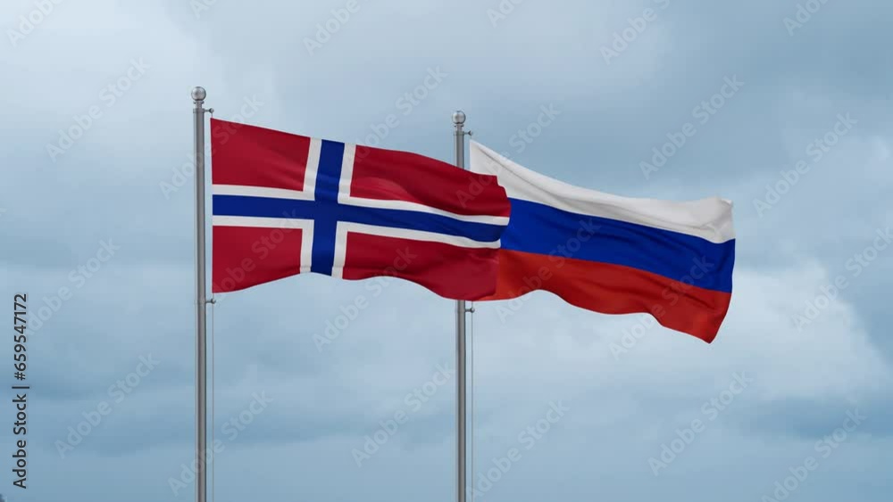 Russian Federation and Norway flag waving together on cloudy sky, endless seamless loop Russian Federation and Norway flag waving together on cloudy sky, endless seamless loop