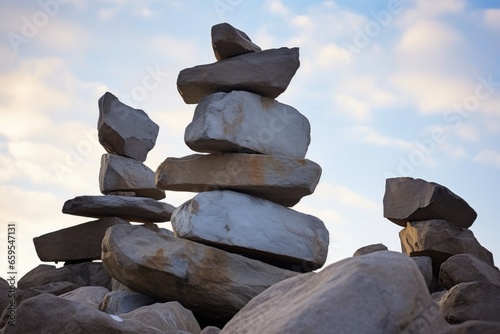 close view of a telltale inuit inukshuk stone structure under open sky photo