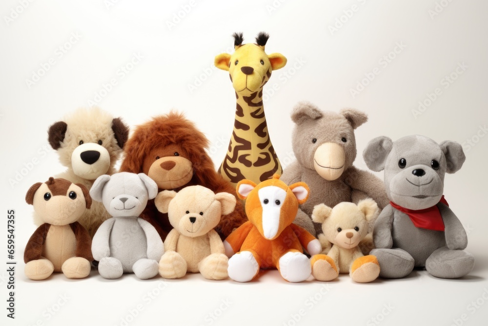 plush animal toys arranged to represent a diverse family
