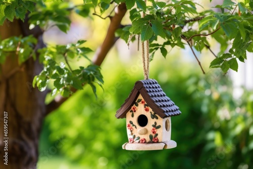 Fotografia decorative birdhouse hung on a tree branch