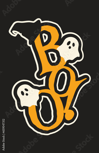 Vertical graphic poster with Halloween inscription. Orange letters decorated with ghosts and a witch's hat. Vector illustration with inscription boo! on a black background.