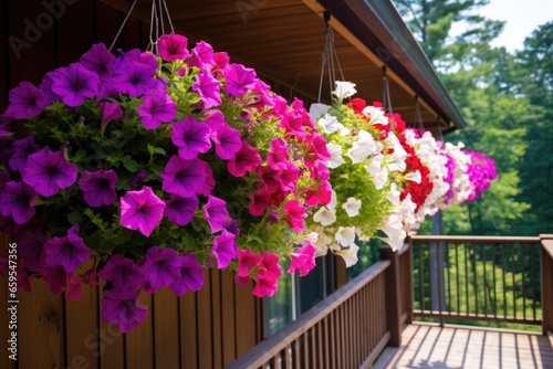 hanging baskets full of cascading petunias on a patio