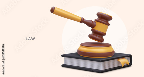 Realistic gavel, wooden stand, law book. Concept of law. Verdict, final sentence. Symbol of court decision. Illustration in cartoon style. Template for web design