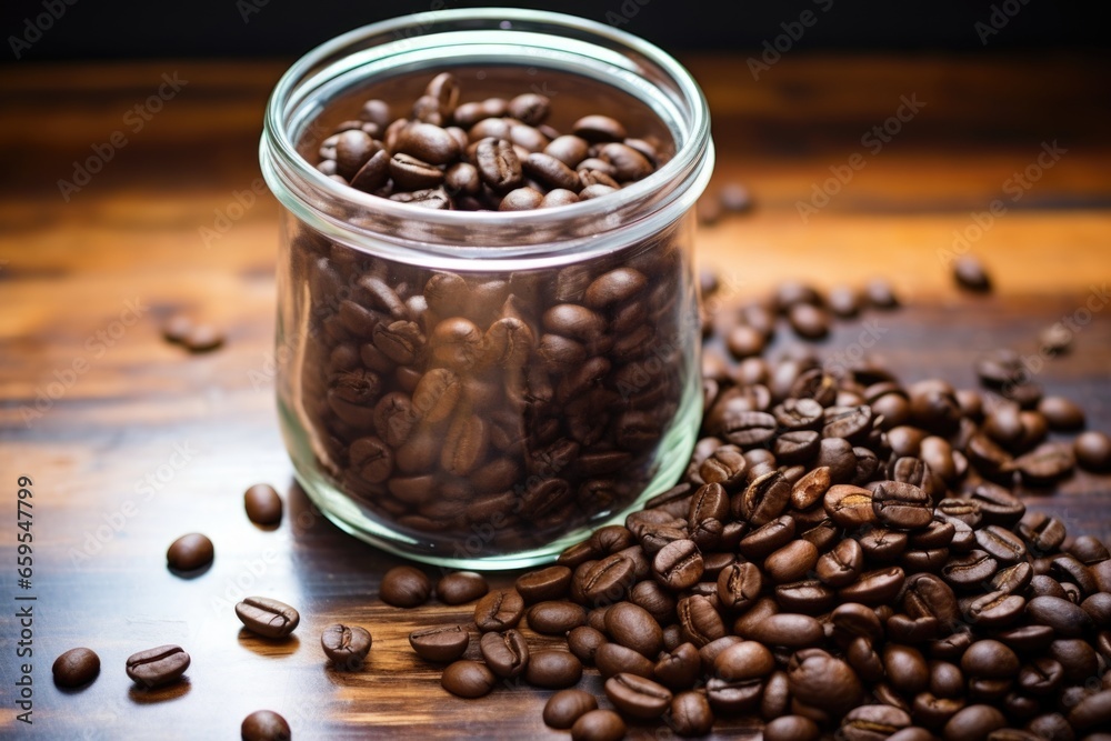 dark roast coffee beans in a clear glass jar