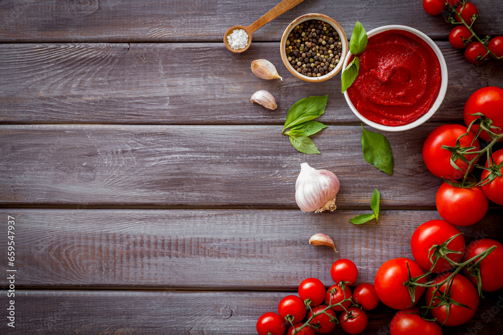 Classic Italian tomatoes sauce passata with basil and garlic for pasta Classic Italian tomatoes sauce passata with basil and garlic for pasta