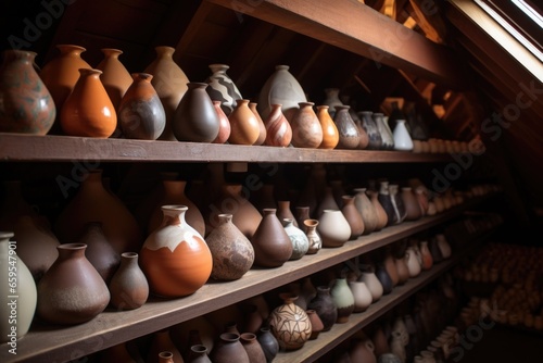 a collection of ceramic pots stored in an attic