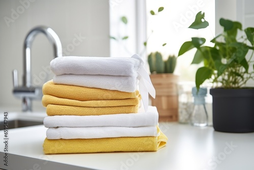 stack of fresh, dry towels beside kitchen sink