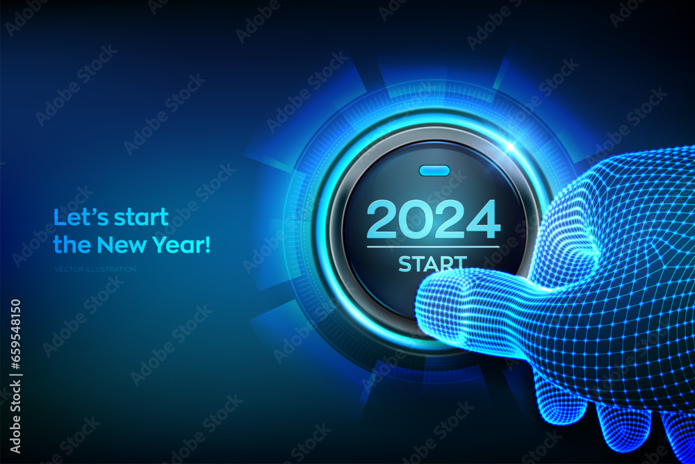 2024 start. Finger about to press a button with the text 2024 start. Happy new year. New Year two thousand and twenty four is coming concept. Vector illustration. - obrazy, fototapety, plakaty 