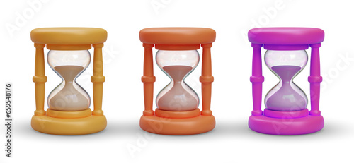 Set of different hourglasses in realistic style. Measuring passing time in countdown to deadline. Vector illustration in yellow, orange and purple colors